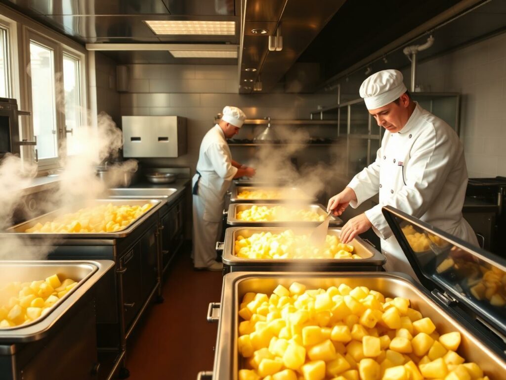 Two chefs in a commercial kitchen preparing large trays of steaming potatoes.