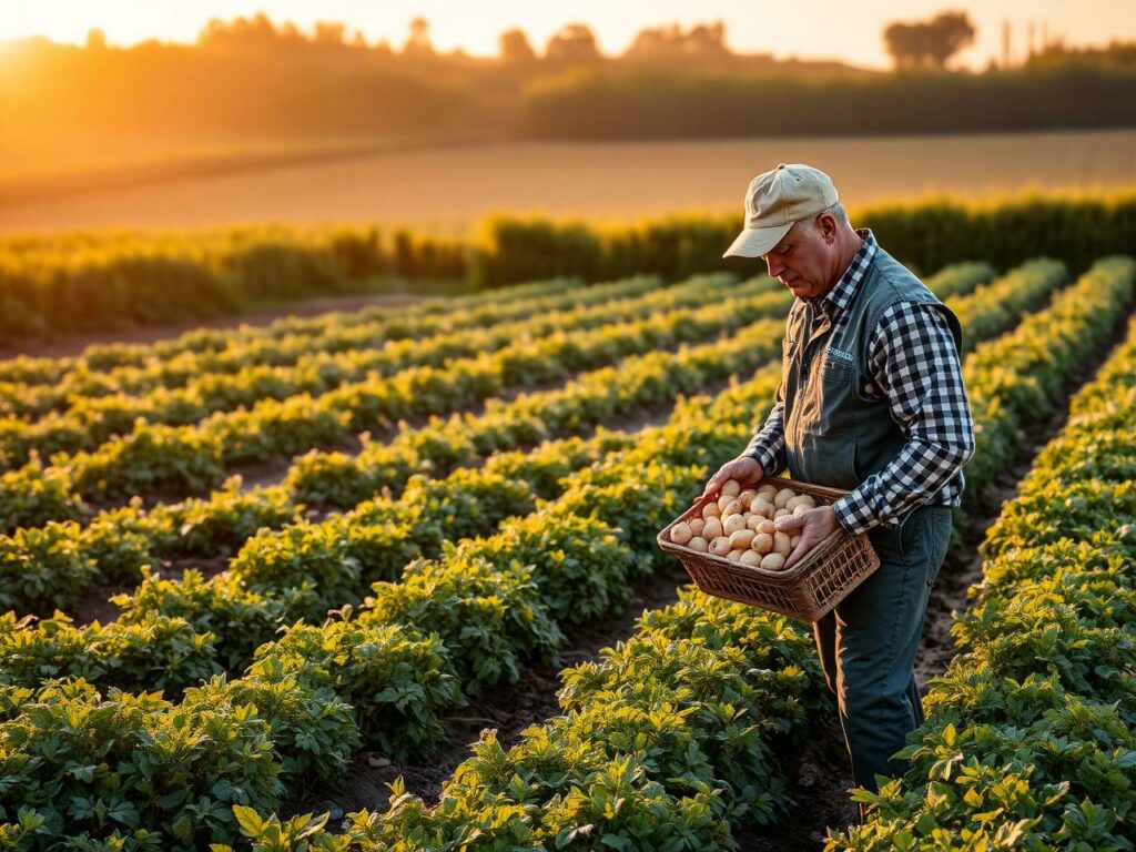 A farmer in a field at sunset holds a basket of freshly harvested potatoes.